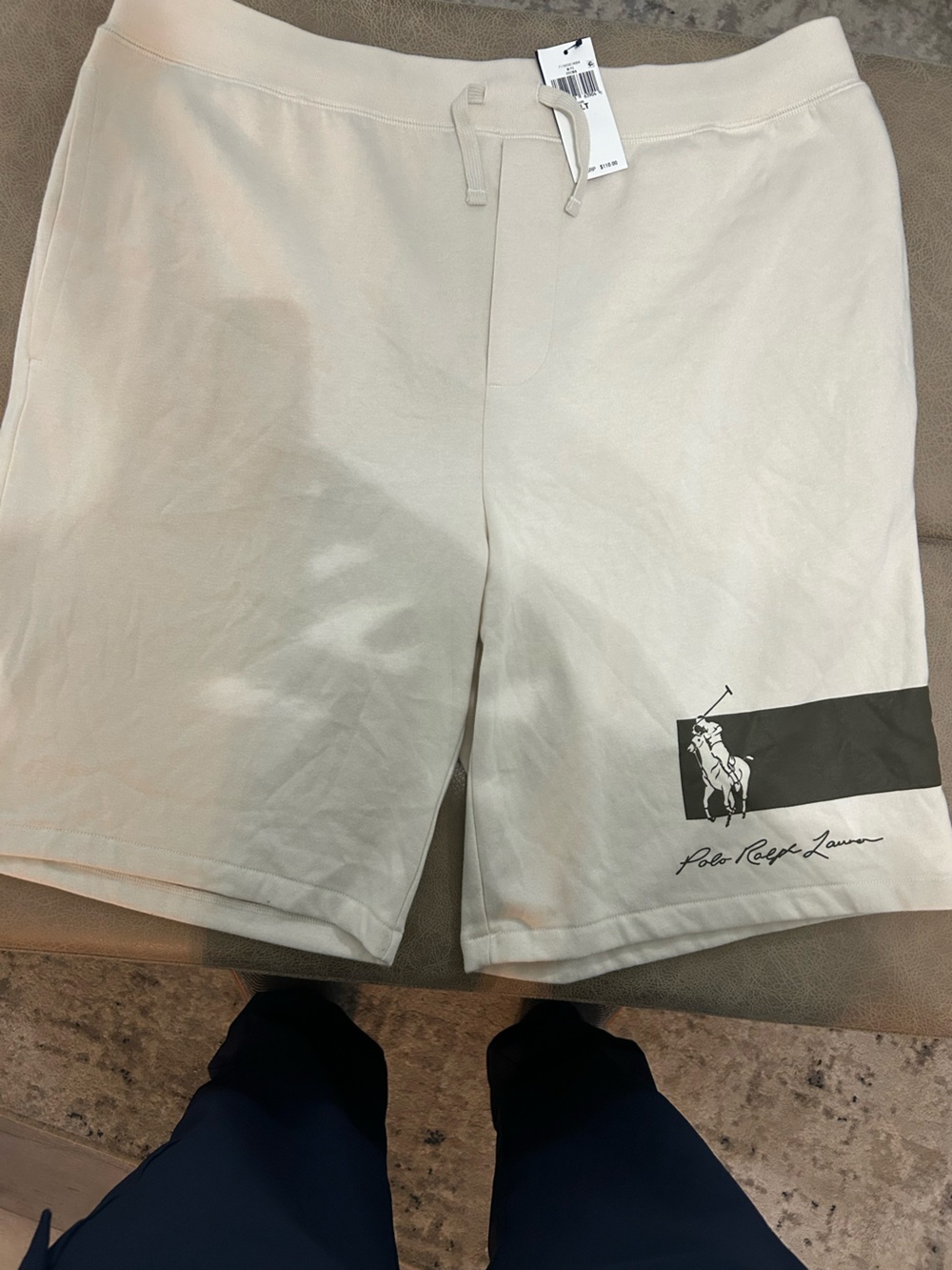 Polo by Ralph Lauren Cream Athletic Drawstring Shorts with Black Logo Panel